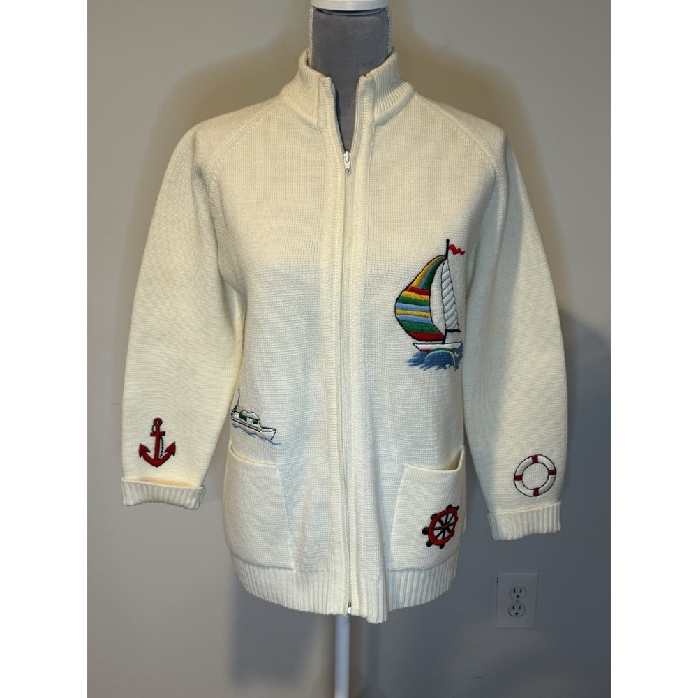 VTG 60-70's LeRoy Knitwear Sweater Full Zip Cardigan Vintage Boat Nautical LG